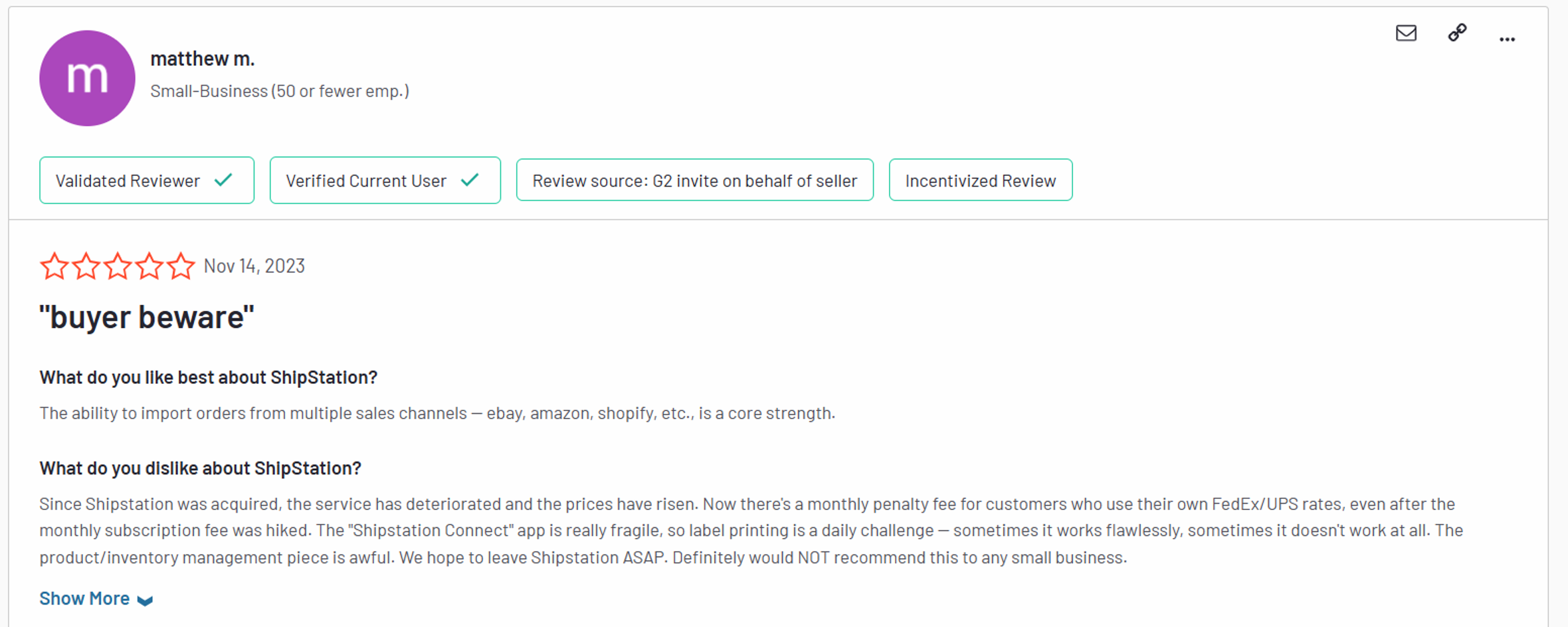 ShipStation poor customer review "There's a penalty fee for customers who use their own rates"