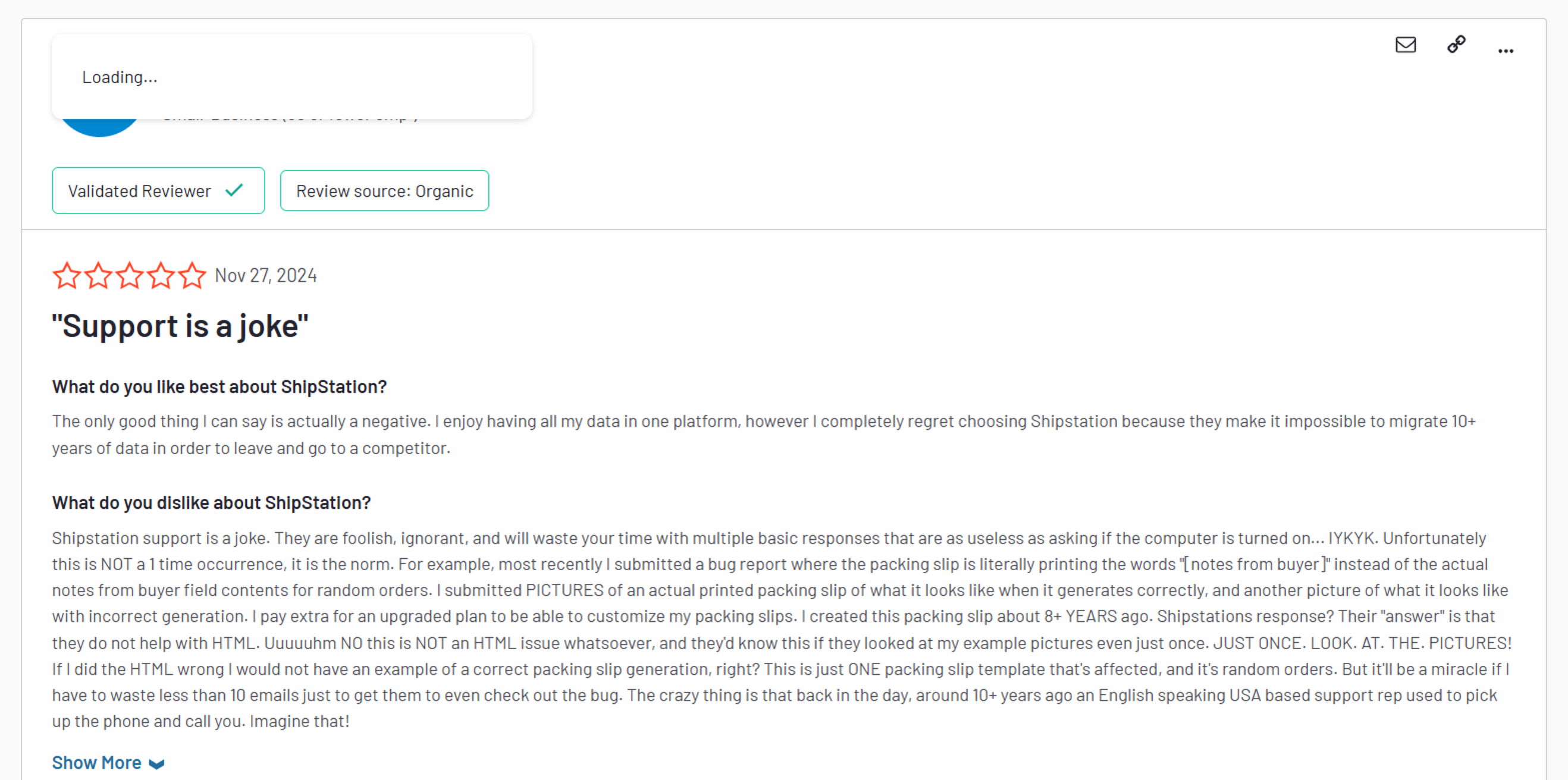 ShipStation poor customer review "Support is a joke"