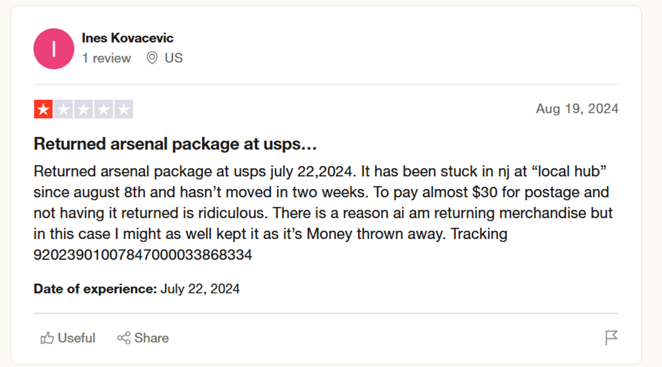 One of the reviewers in the US claims that their parcel has not moved in two weeks