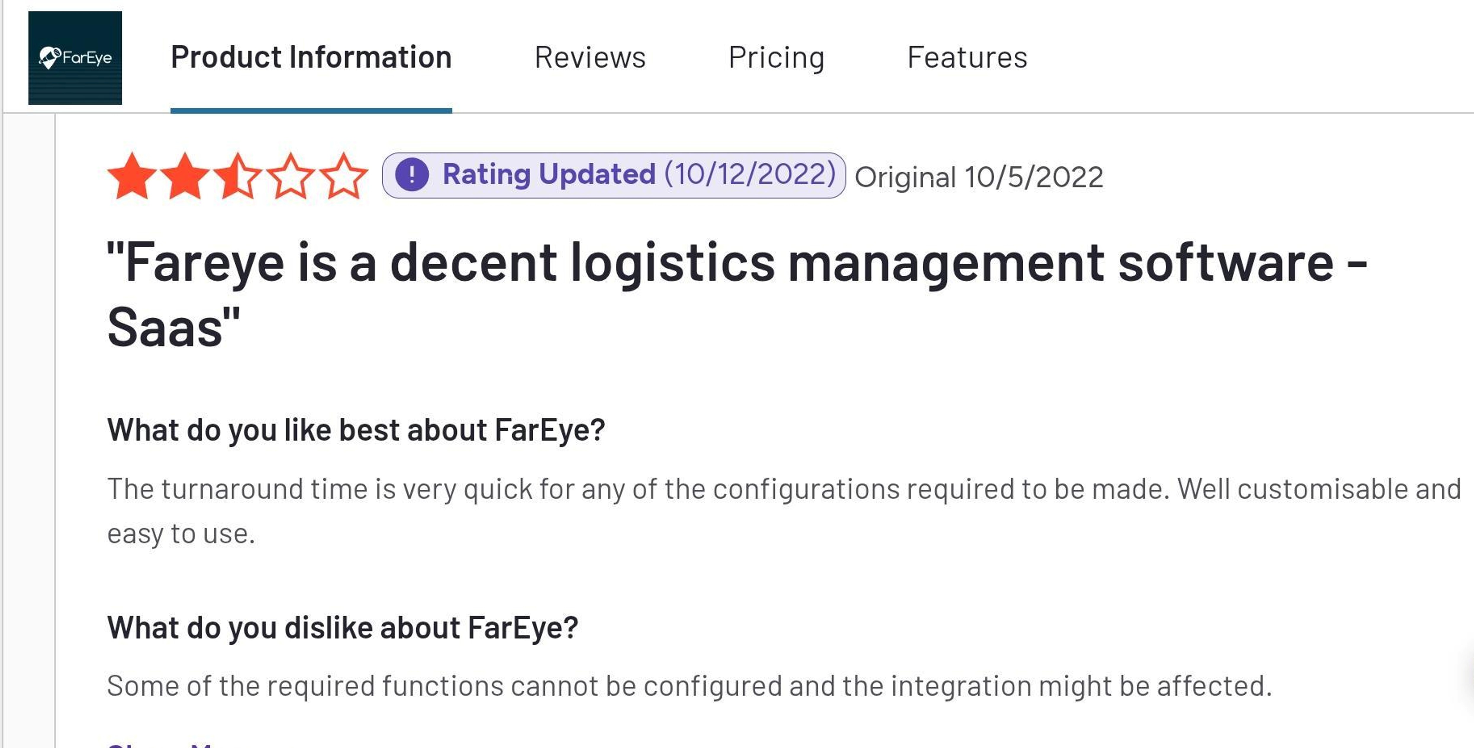 FarEye customer review - Not all features work