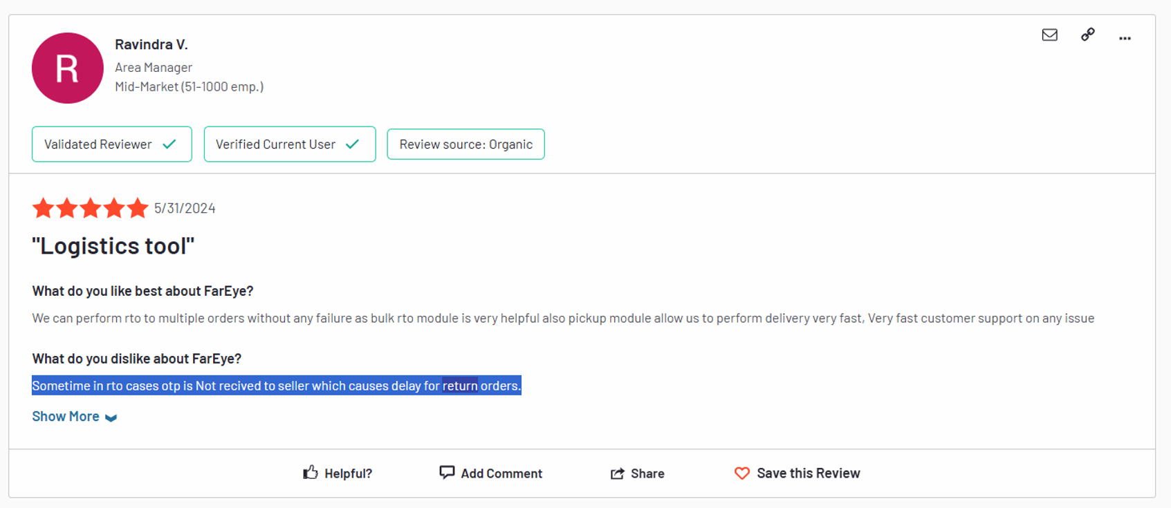 FarEye customer review - Return Delays
