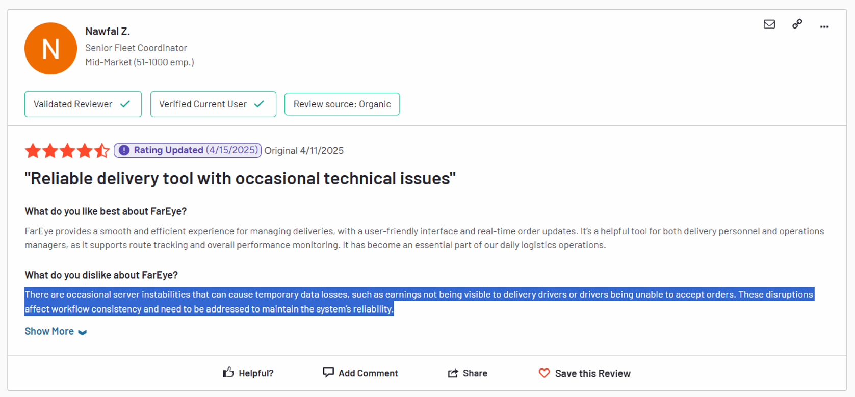 FarEye customer review - Delivery and tech issues