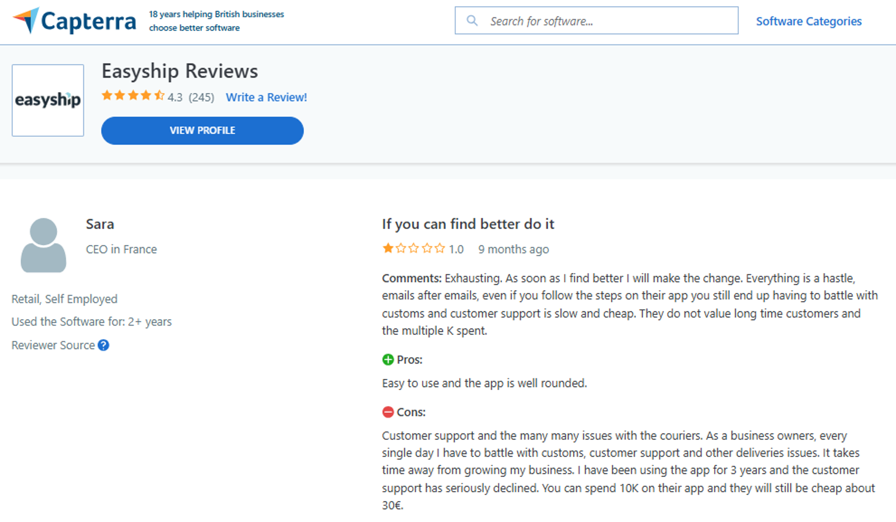 Easyship poor customer review - carrier issues