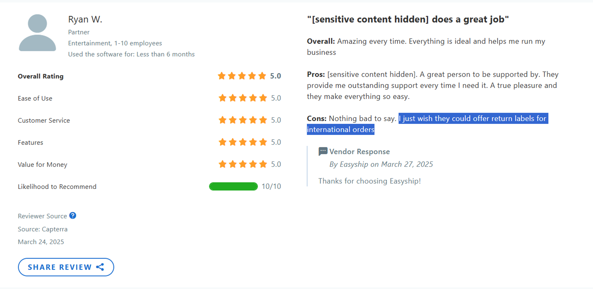 Easyship poor customer review - limited international carriers