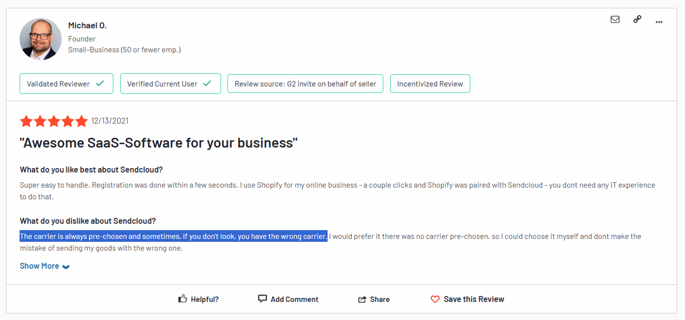 Sendcloud poor customer review about carrier issues