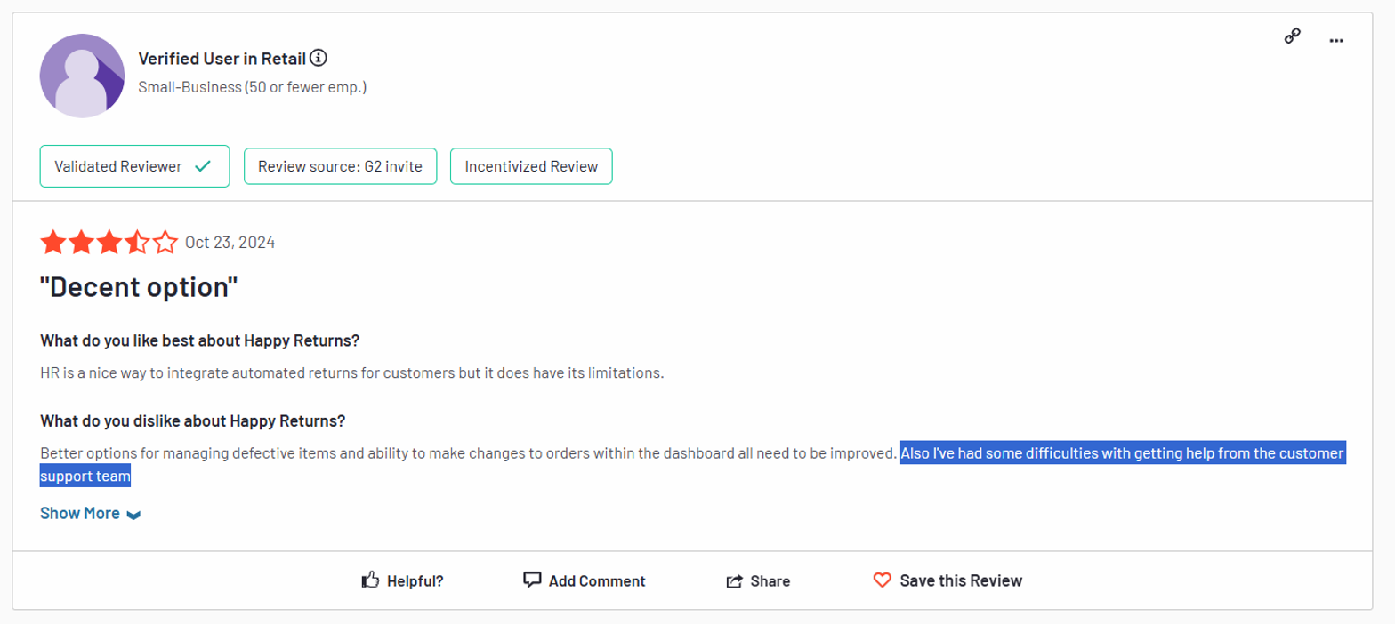 Happy returns poor customer review: Poor customer support