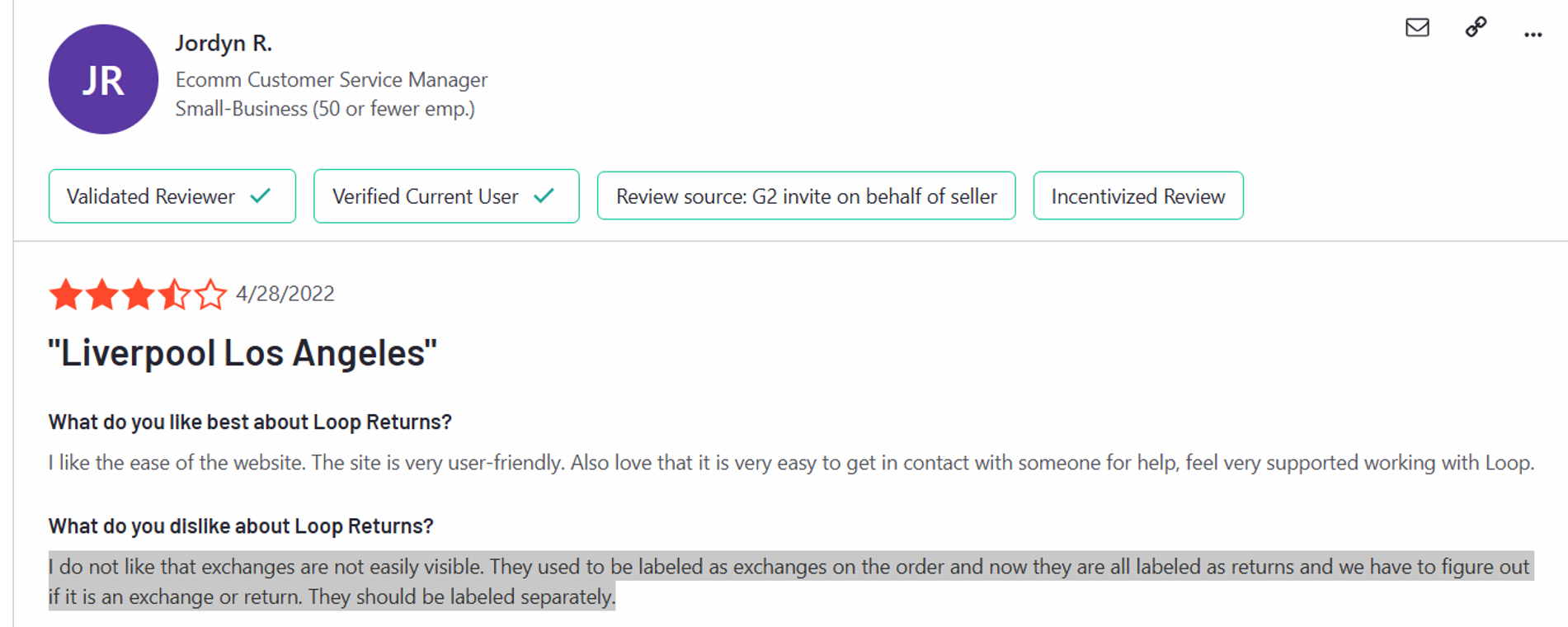 Loop returns poor customer review: Poor Exchanges
