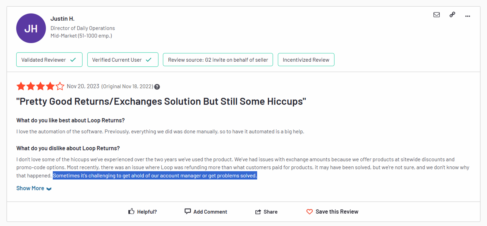 Loop returns poor customer review: elusive account manager