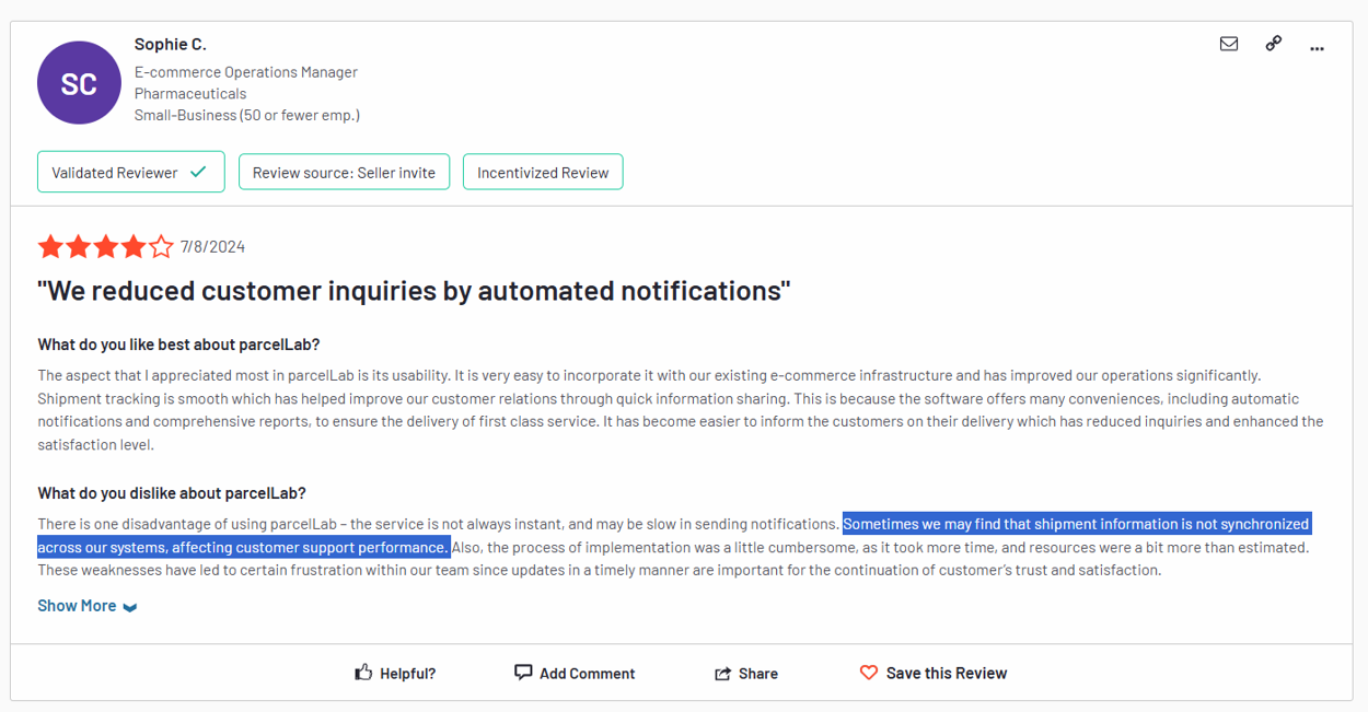 ParcelLab Poor Customer Review 3 - Inaccurate shipping data