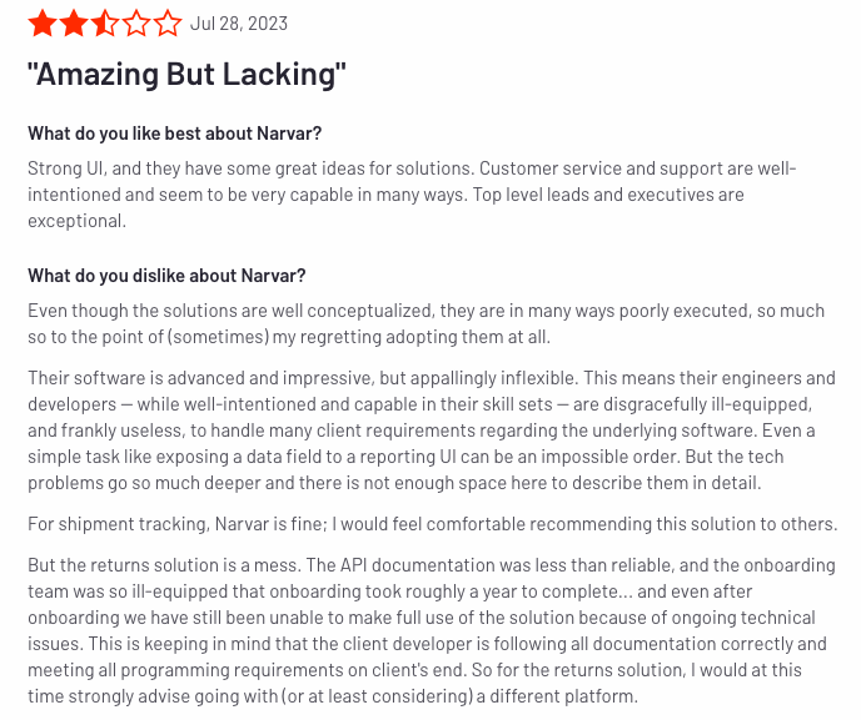 Narvar Review Complaint: Lacking