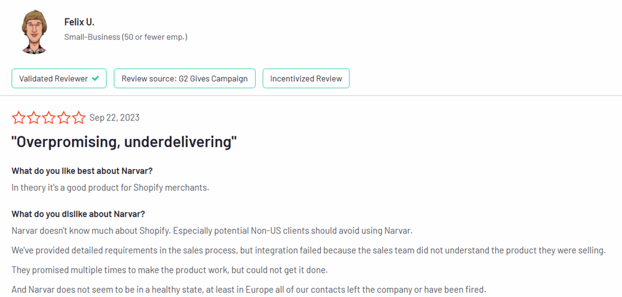 Negative Narvar review about overpromising