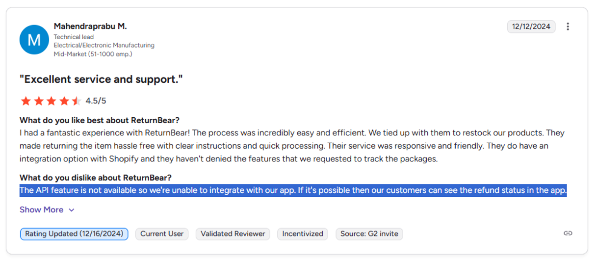 ReturnBear customer review 1: No API access