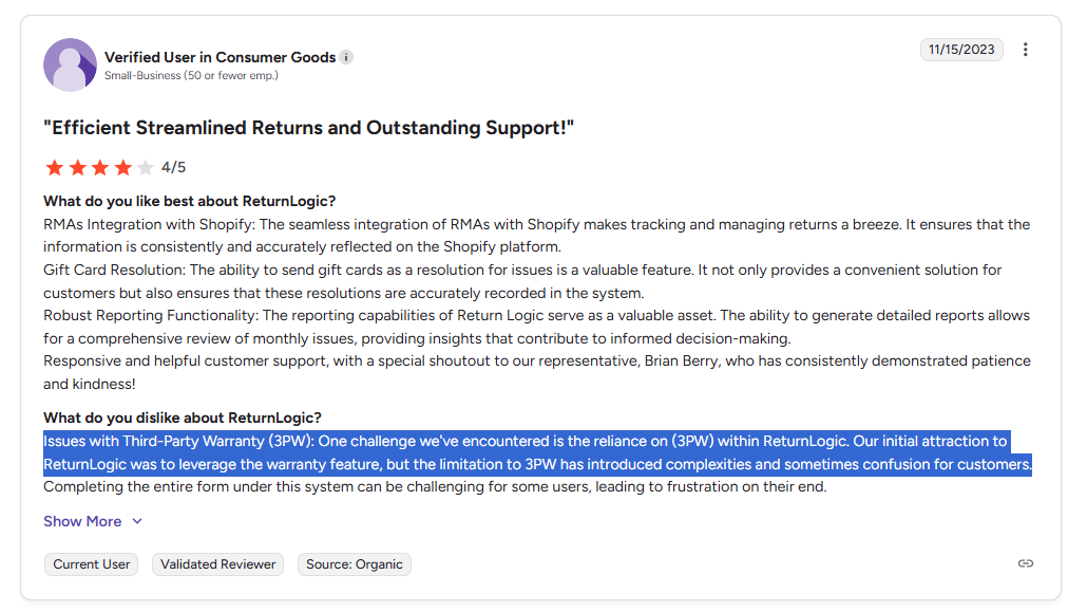 ReturnLogic customer complaint: Issues with Third-Party