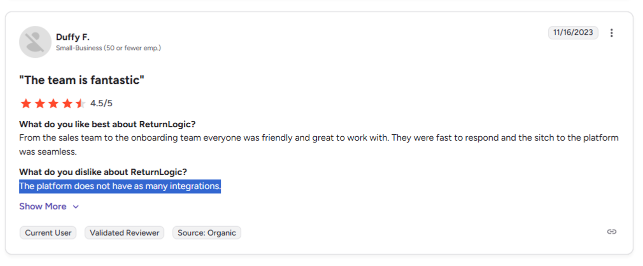ReturnLogic customer complaint: The platform does not have many integrations