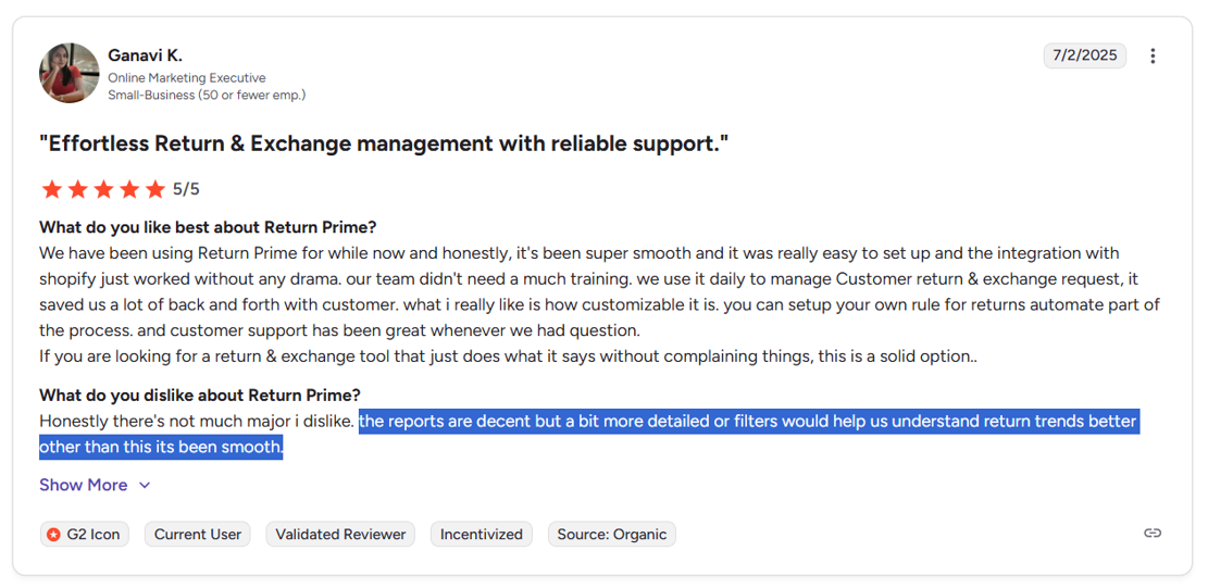 Return Prime Customer complaint - Poor Reporting Capabilities"