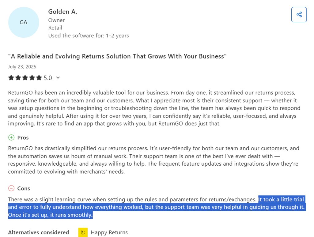 ReturnGO customer complaint: Trial and error