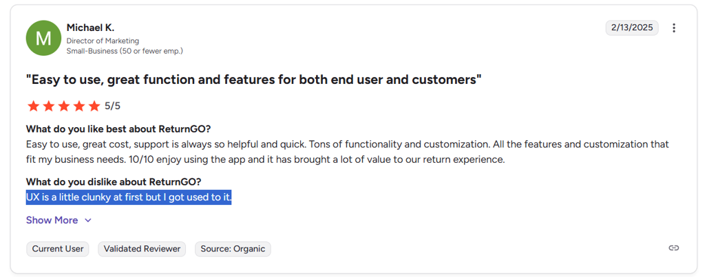 ReturnGO customer complaint: Clunky