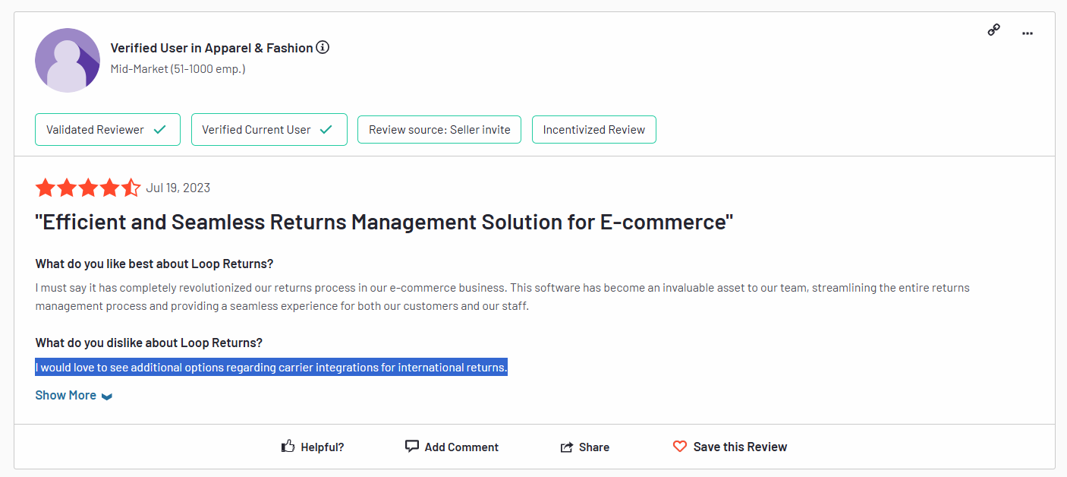 Loop Returns Customer Complaint: Not many options