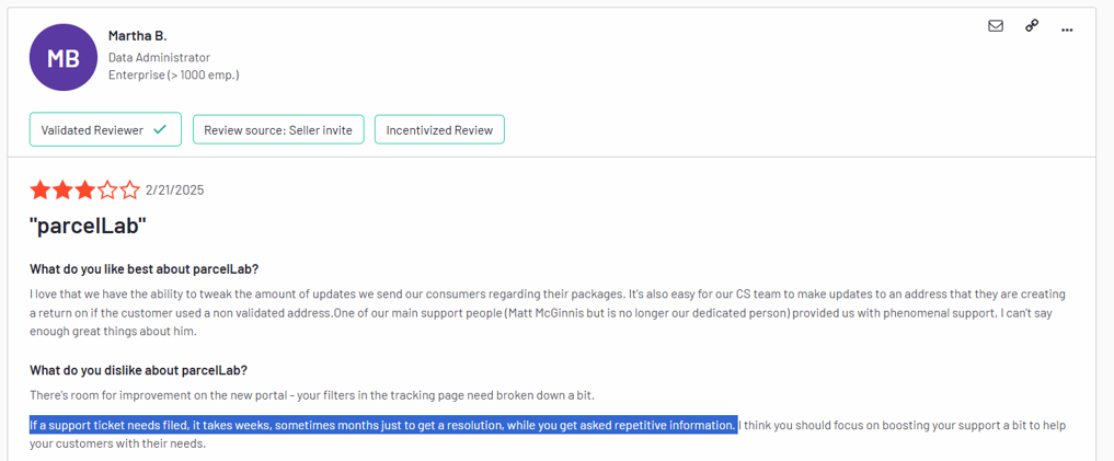 parcelLab customer complaint: no support