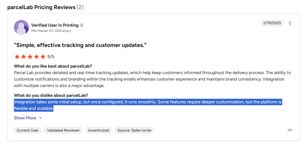 parcelLab customer complaint: Integration takes time