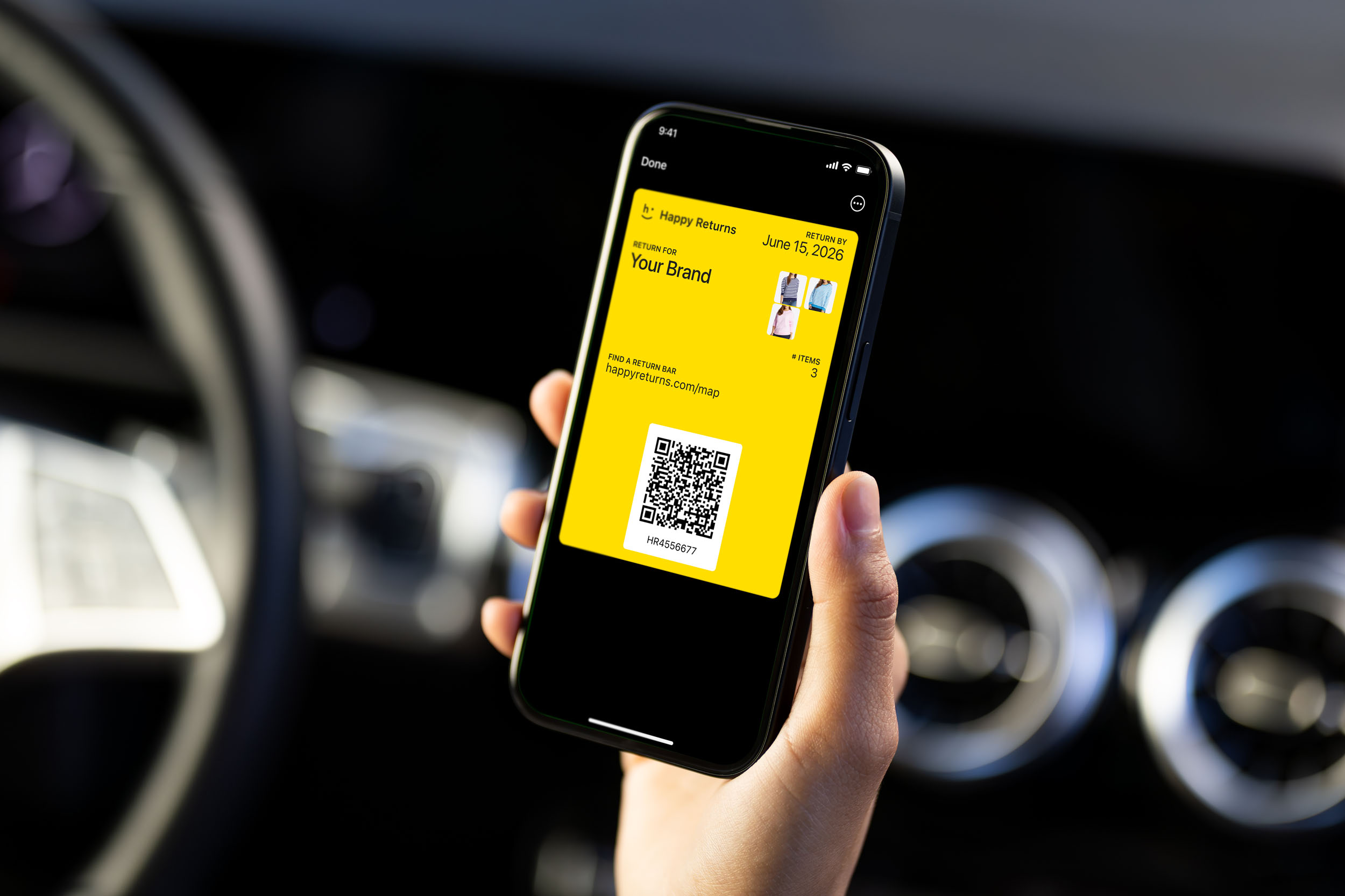 A QR code label for Happy returns