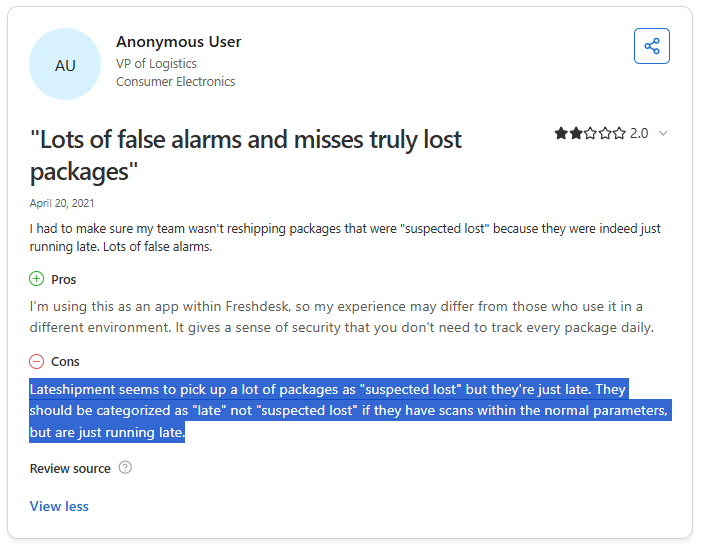LateShipment Customer complaint: Late packages
