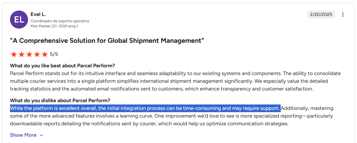 Parcel Perform Customer complaint: Tough integration process