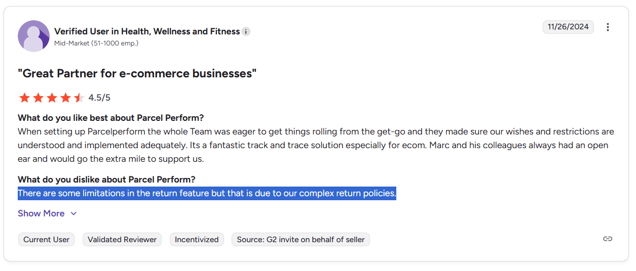 Parcel Perform Customer complaint: Limitations in the return feature
