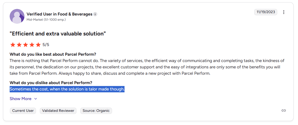 Parcel Perform Customer complaint: the cost is high