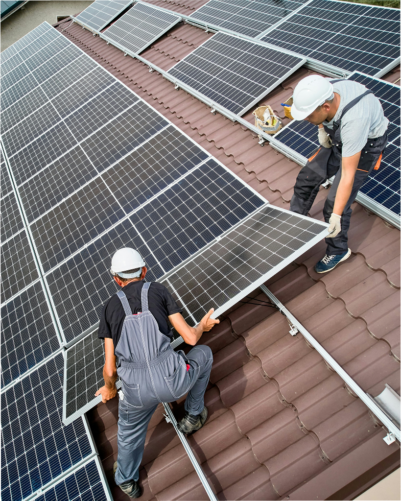 Handwerker bauen Solarplatten auf ein Dach.