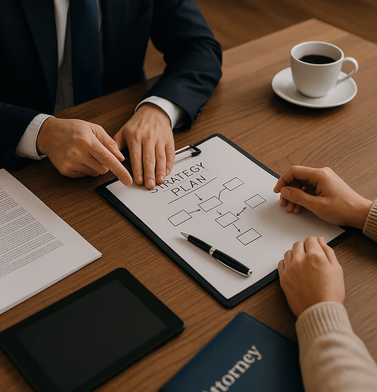 Lawyer and client discussing a legal strategy plan at a desk, with documents, a tablet, and coffee — illustrating personalized legal planning.