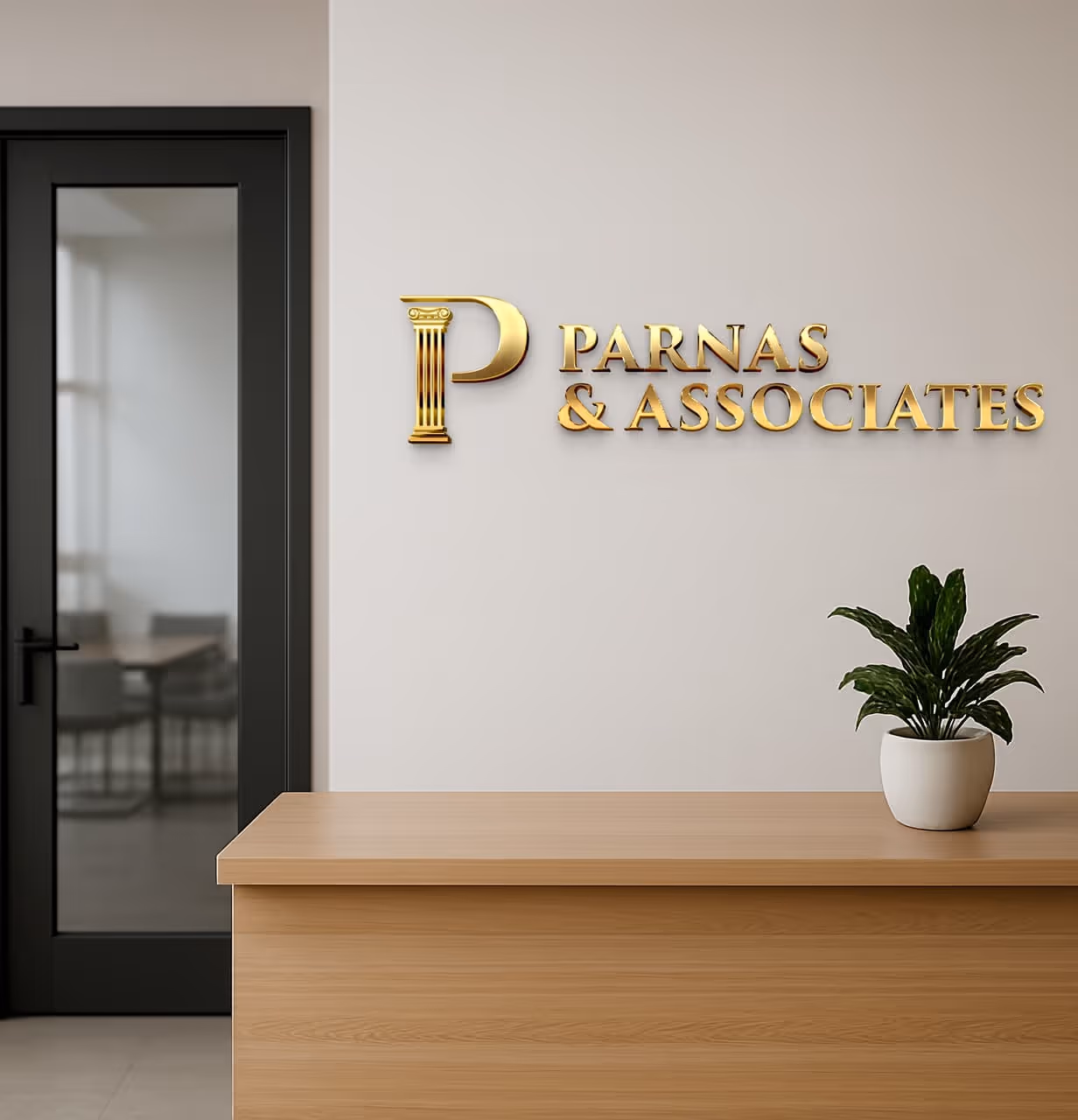 Reception area of Parnas & Associates law firm with gold logo on the wall and a potted plant on the desk — reflecting professionalism and welcoming atmosphere.