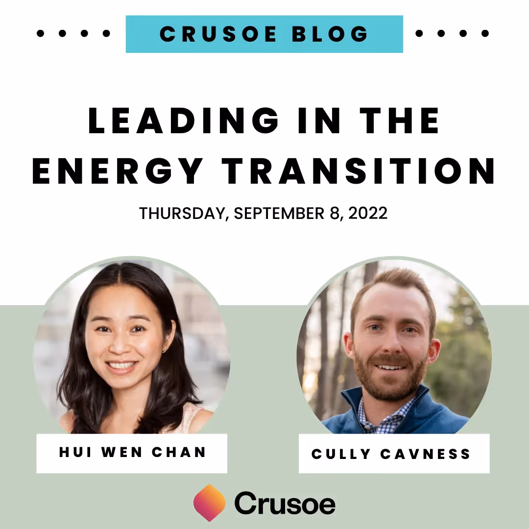 Crusoe blog post with two headshots and the title "Leading in the energy transition", dated Thursday, September 8, 2022.