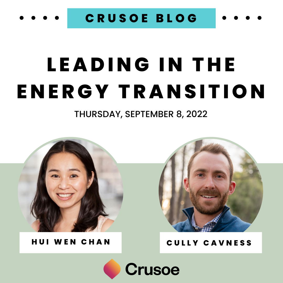 Crusoe blog post with two headshots and the title "Leading in the energy transition", dated Thursday, September 8, 2022.