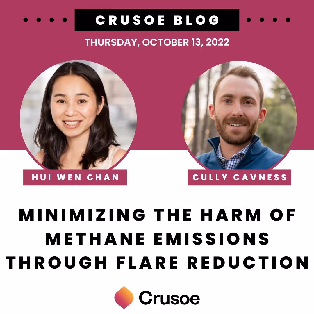 Crusoe blog post about methane emissions through flare reduction with author headshots.