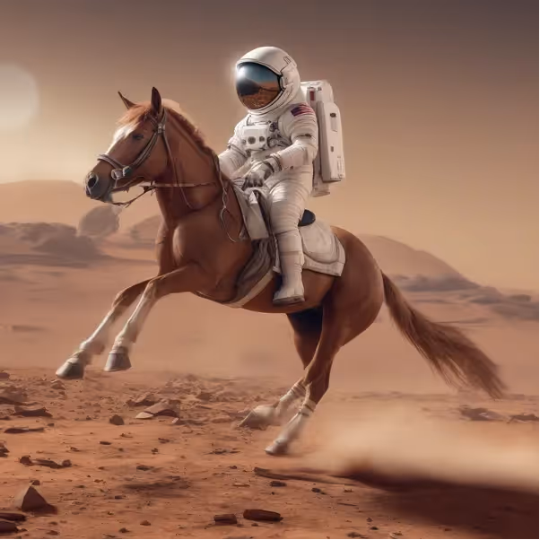 An image of an astronaut in a full spacesuit rides a galloping horse across a red, rocky Martian-like landscape; used to demonstrate the use of generative AI.
