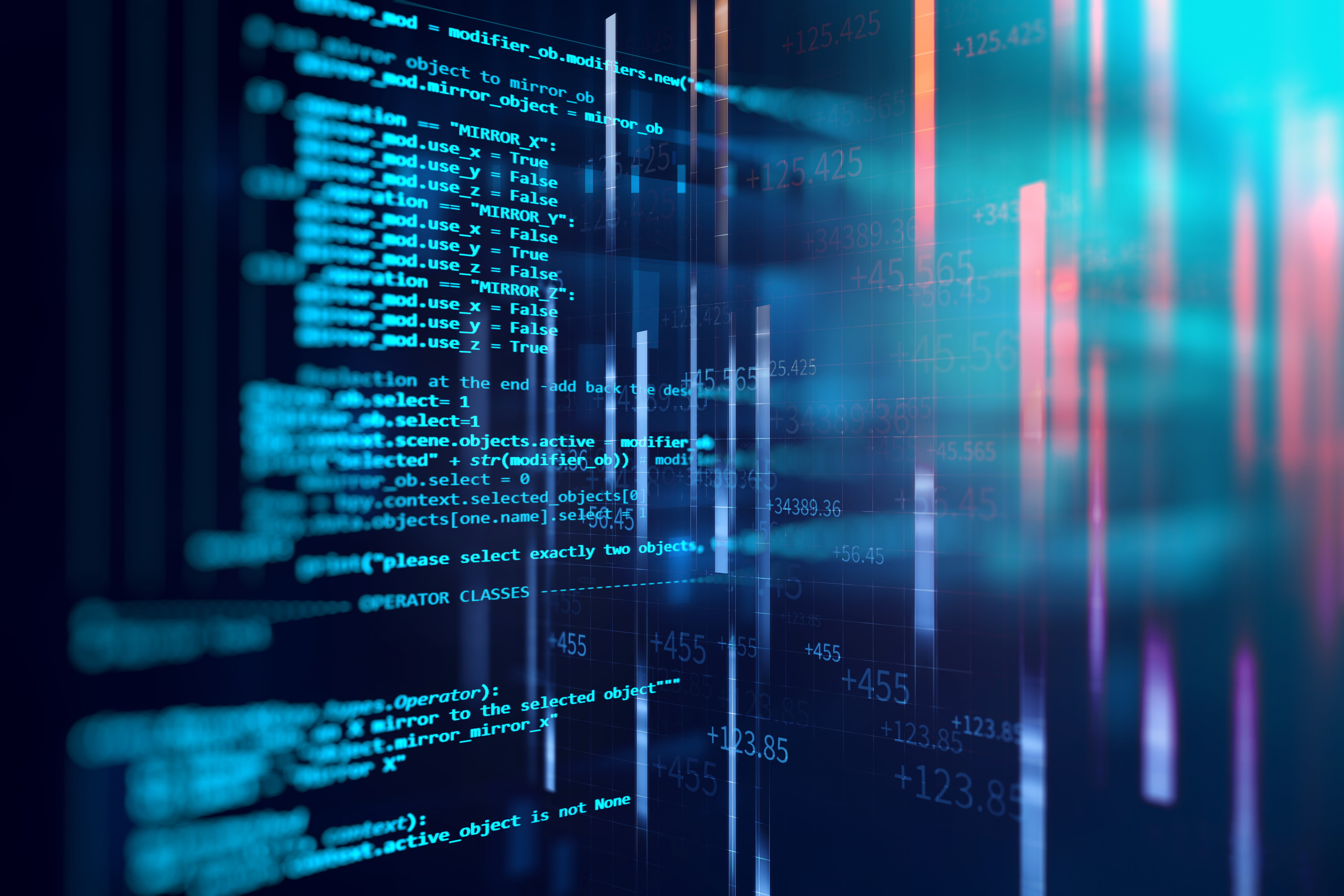 Overlay of programming code and glowing bar-chart visualizations.