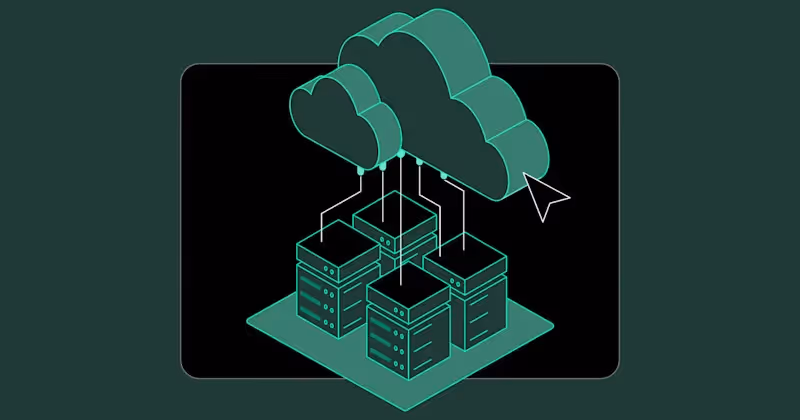 Neon-green isometric illustration of two cloud icons linked by lines to four stacked server racks, symbolizing Crusoe's Cloud offering and data center power.