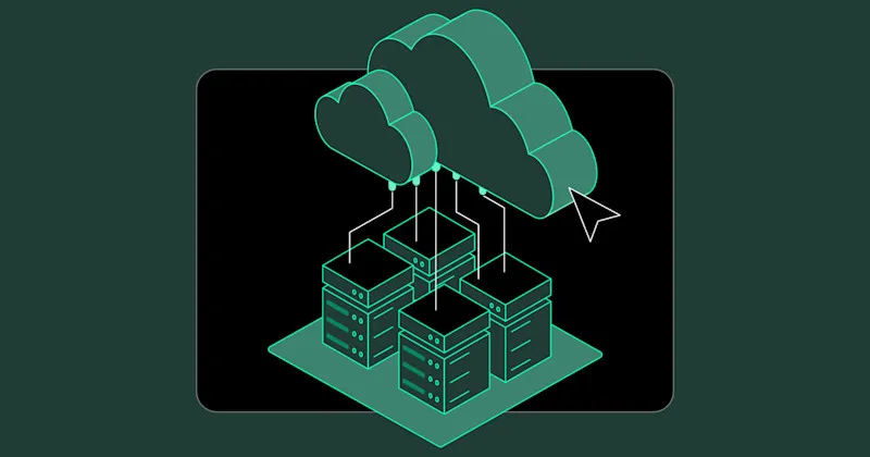Neon-green isometric illustration of two cloud icons linked by lines to four stacked server racks, symbolizing Crusoe's Cloud offering and data center power.