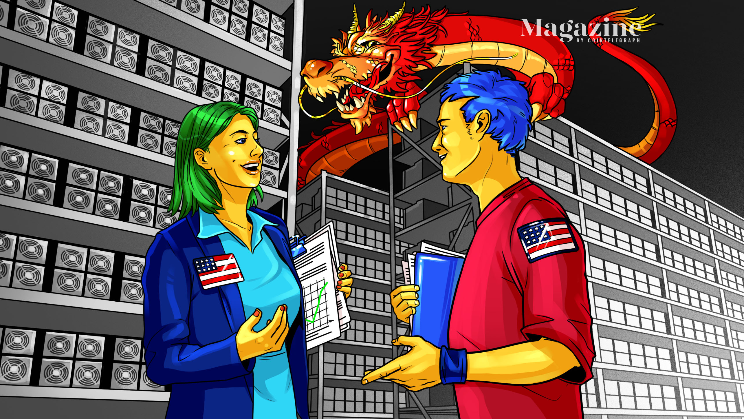 Illustration depicting two Americans working at a data center.