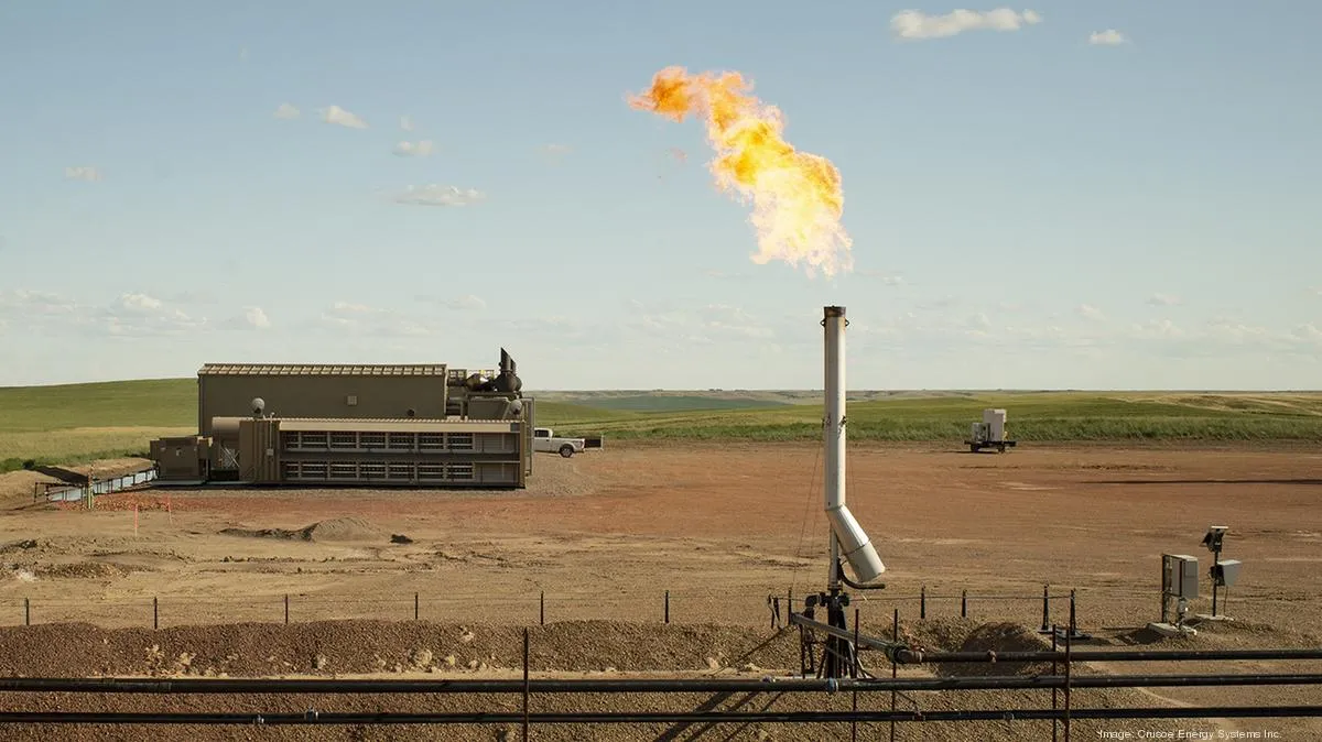 A photo of a Crusoe data center utilizing flare gas to power cloud computing operations in a remote location.