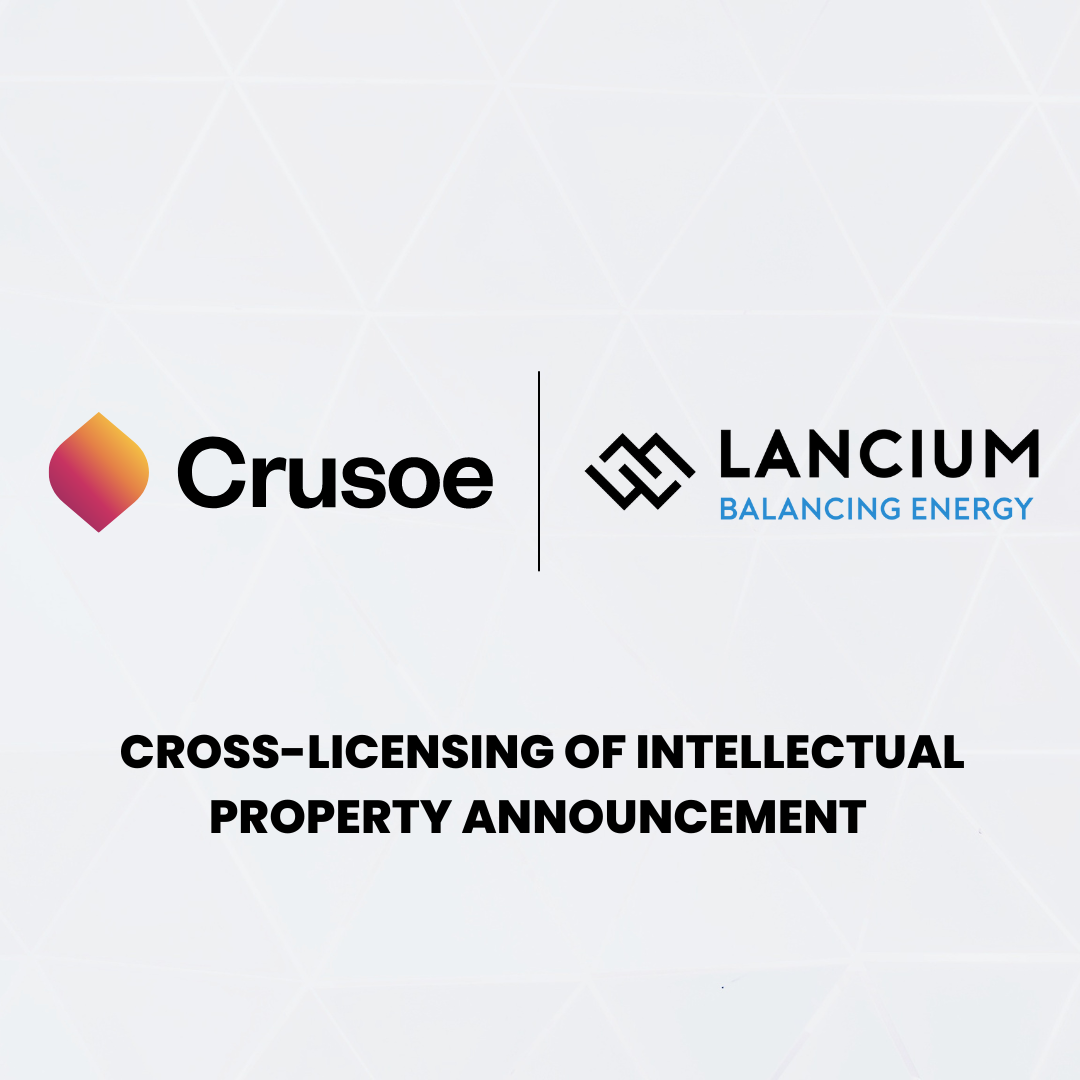 Crusoe and Lancium Balancing Energy logos with title "Cross-licensing of Intellectual Property Announcement".