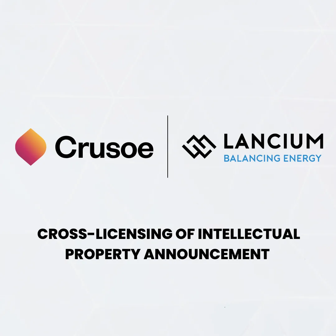 Crusoe and Lancium Balancing Energy logos with title "Cross-licensing of Intellectual Property Announcement".
