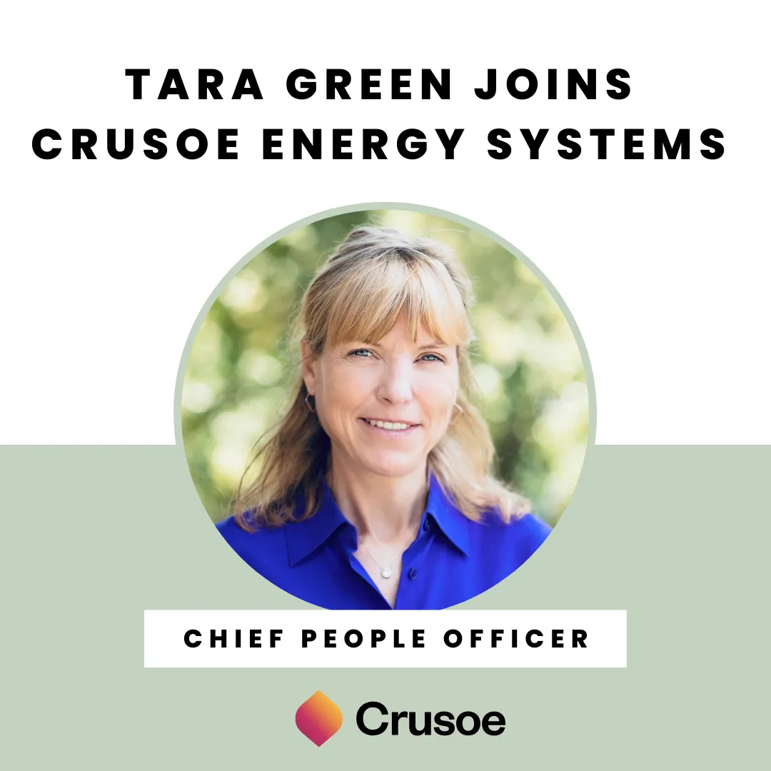Announcement graphic stating 'Tara Green Joins Crusoe as Chief People Officer'.