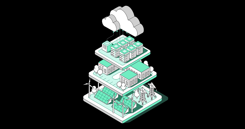 Illustration of Crusoe vertical integration model demonstrating our cloud computing powered by data centers with sources like wind turbines and solar.