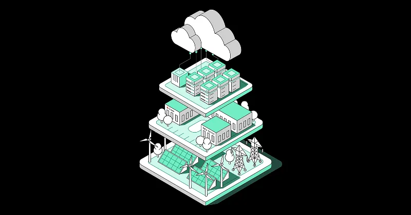 Illustration of Crusoe vertical integration model demonstrating our cloud computing powered by data centers with sources like wind turbines and solar.