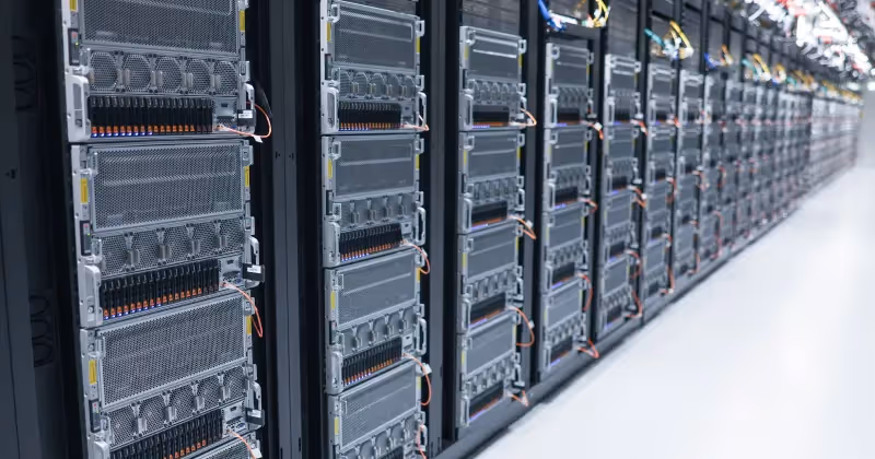 Row of GPU servers in a Crusoe Cloud data center, optimized for energy-efficient cloud computing and AI workloads.