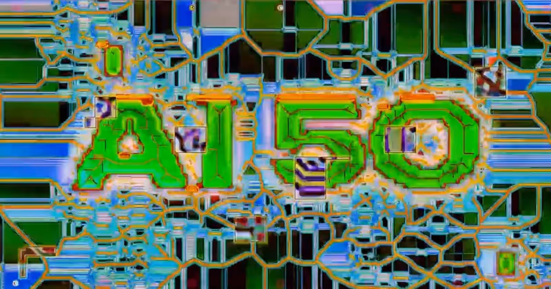 A vibrant, stylized graphic with the text 'AI 50' in a green, digital font.