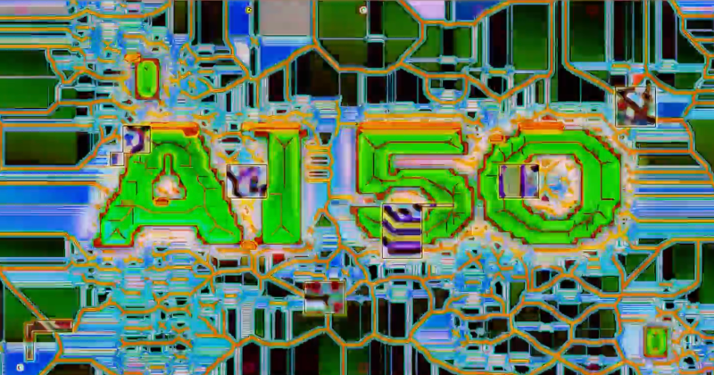 A vibrant, stylized graphic with the text 'AI 50' in a green, digital font.