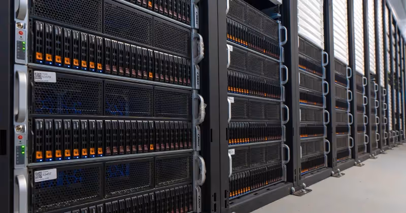 Rows of GPU servers in a modern data center, demonstrating Crusoe's advanced cloud computing capabilities.